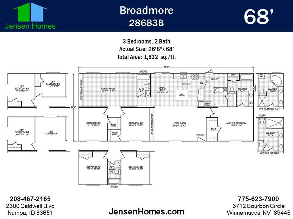 Cavco Broadmore 28683B floor plan layout - 3 or 4 bedroom manufactured home